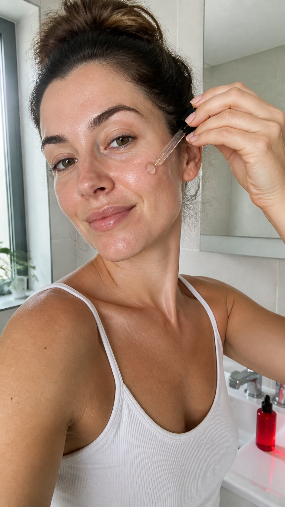 Eine erwachsene Frau trägt Serum auf ihre Wange auf